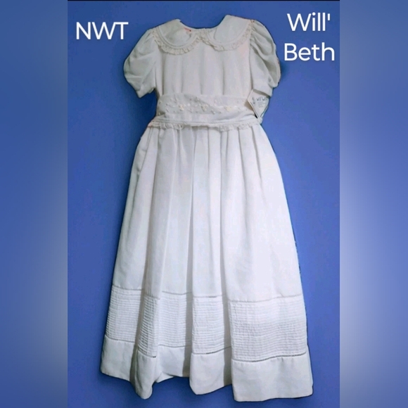 NWT Will'Beth White Communion Wedding Party Hand Embroidered Dress